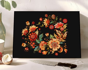 ElegantlySimple - Made in the USA - Khokhloma Folk Art - Tempered Glass Cutting Board, Russian Doska, Cheese Charcuterie Tray, Хохлома Доска