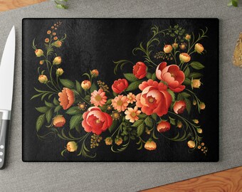 ElegantlySimple - Made in the USA - Khokhloma Peonies - Tempered Glass Cutting Board, Хохлома Russian Cheese Charcuterie Board