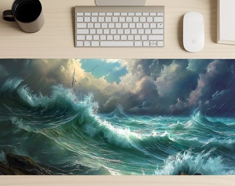 Ocean Storm Gaming Mouse Pad, Sea Waves XL Mousepad, Nautical Extended Deskmat, Computer Desk Mat Gift, Shipwreck Extra Large Deskpad