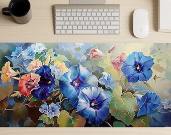 Morning Glory Gaming Mouse Pad, Floral Mousepad, Extended Deskmat, Blue Flowers Computer Desk Mat, Extra Large Deskpad