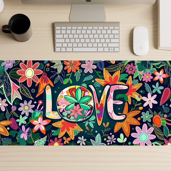 70s Hippie Love Gaming Mouse Pad, Psychedelic Mousepad, Floral Extended Deskmat, Retro Computer Desk Mat, Extra Large Deskpad, Groovy Gift