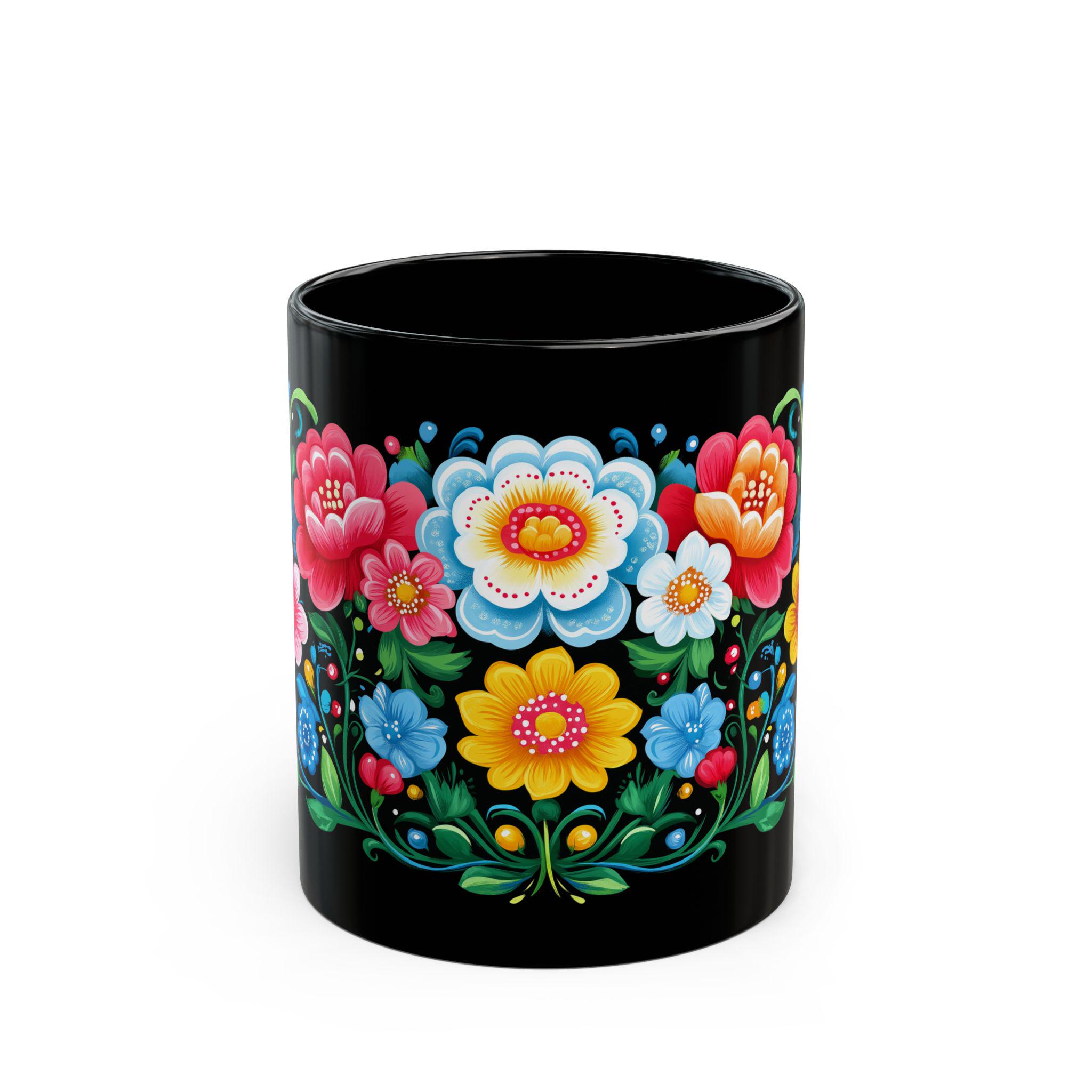 ElegantlySimple - Made in the USA - Polish Folklore Coffee Mug, 11oz 15oz, Poland Art Print, Floral Black Ceramic Tea Cup