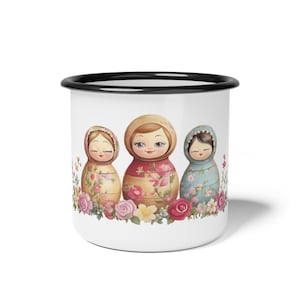 ElegantlySimple - Made in the USA - Matryoshkas Enamel Camp Cup, Steel Coffee Mug, Traditional Vintage Russian Nesting Dolls Print