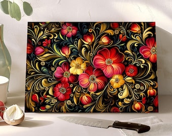 ElegantlySimple - Made in The USA - Tempered Glass Cutting Board, Russian Khokhloma Flowers Cheese Charcuterie Tray, Appetizer Snack Platter