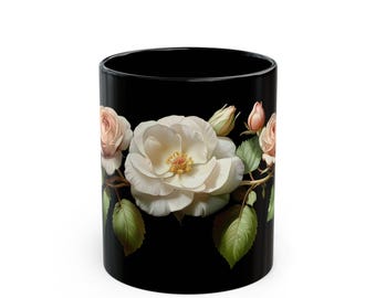 Creamy White Rose Floral Coffee Mug – Elegant Tea Cup, USA Made