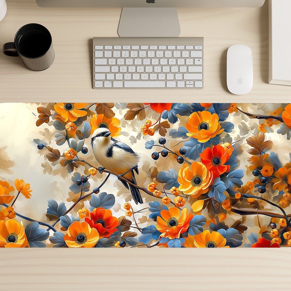 Blue Bird Gaming Mouse Pad, Floral Fantasy Mousepad, Blooming Tree Extended Deskmat, Orange Flowers Desk Mat, XL Deskpad, Elegant Trackpad