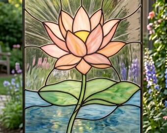 Patrón de vidriera de flor de loto, plantilla de atrapasoles floral sagrado, atrapasoles de plantas, decoración floral para ventanas imprimible para hacer tú mismo. Diseño de arte en vidrio.