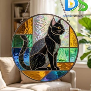 Black Cat Stained Glass Pattern, Mystic Cat Suncatcher Template, Witchy Cat Animal Suncatcher, Animal Per Gift, Gothic Window Hanging Decor