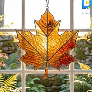 Maple Leaf Stained Glass Pattern, Fall Maple leaf Suncatcher Template, Autumn Window Hanging decor, DIY Glass Art, Beginner Stained glass
