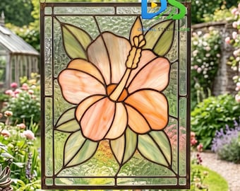 ハイビスカスの花のステンドグラス模様、花柄のサンキャッチャーテンプレート｜植物のサンキャッチャーSVG、DIY印刷可能な窓掛けガラスアートデザイン