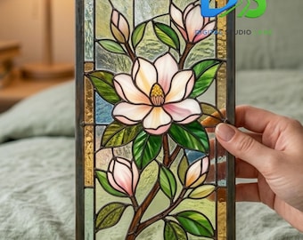 マグノリアの花のステンドグラスサンキャッチャーパターン、花のサンキャッチャー、花の窓掛けテンプレート、DIYガラスアート装飾、彼女へのギフト