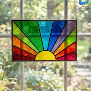 Patrón de vidriera con rayos de sol arcoíris, plantilla de atrapasoles de amanecer y atardecer, panel solar DIY, arte en vidrieras para principiantes, archivo pdf svg imprimible