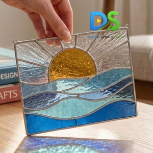 Sonnenaufgang über dem Meer Buntglasmuster SVG, Sun Buntglas Suncatcher, Ocean Suncatcher Vorlage, Küstenfenster hängende Glaskunst
