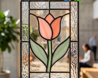 チューリップのステンドグラス模様、花柄のサンキャッチャーテンプレートSVG PDF、初心者向け簡単フラワーステンドグラス、DIY窓掛けガラスアート