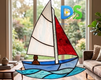 ボートのステンドグラス模様、帆船の海のサンキャッチャーテンプレートSVG、ボート船のサンキャッチャーDIY印刷可能な沿岸風窓掛けガラスアート