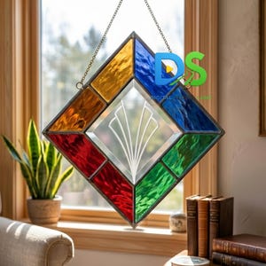 Art Deco diamant gebrandschilderd glas Suncatcher patroon, geometrische Suncatcher sjabloon, Svg Png Pdf, DIY afdrukbare glaskunst, moderne raamdecoratie