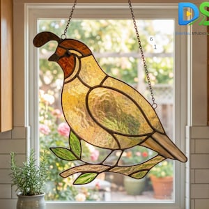 Patrón de vidriera de codorniz de California en PDF, plantilla de atrapasol de pájaro para hacer tú mismo, atrapasol de codorniz, decoración colgante para ventana, archivo SVG PNG imprimible