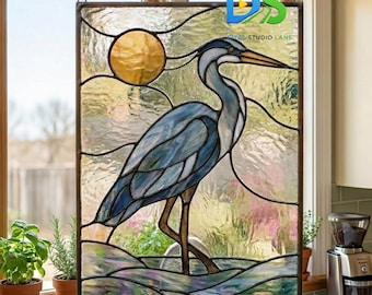 Patrón de vidriera de garza azul, plantilla para atrapasoles de pájaros (hazlo tú mismo), arte para paneles de ventanas costeras, proyecto de vidrieras para principiantes, descarga digital.