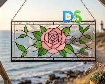 Diseño de vidriera con rosas rosadas, atrapasoles floral en vidriera (SVG/Pdf), arte en vidrio imprimible para manualidades, panel decorativo romántico para ventanas.