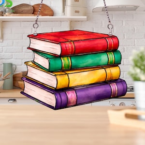 Patrón de vidrieras con forma de libros, plantilla para atrapasoles de pilas de libros de biblioteca (hazlo tú mismo), arte en vidrio imprimible en formato SVG y PDF, decoración para colgar en la ventana.