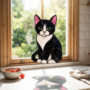 May include: A stained glass suncatcher shaped like a sitting tuxedo cat with black and white glass panels, green eyes, and pink inner ears. The cat is suspended by a thin wire in front of a window, casting a colorful shadow on the countertop.