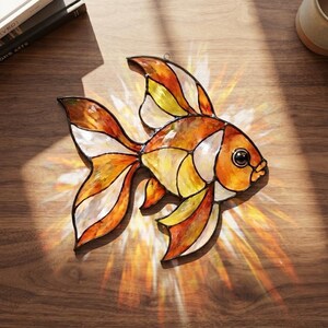 Könnte beinhalten: Ein Buntglas-Sonnenfänger in Form eines Goldfisches mit orangefarbenen, gelben und weißen Glasscheiben, die mit dunklem Metall eingefasst sind. Das Stück hat eine markante Rückenflosse, einen großen Schwanz und ein rundes Auge, das Lichtstrahlen wirft.