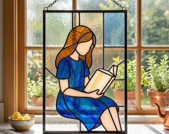 Reading Girl Stained Glass Pattern, Book Lover Suncatcher Template DIY, Window Panel Art, Beginner Stained Glass Project, Digital Download