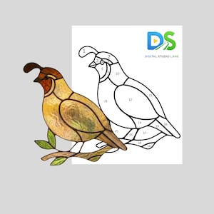 Op de afbeelding: Een glas-in-lood ontwerp van een kwartel met een gedetailleerde omtrek en genummerde secties om te knutselen. De kwartel zit op een tak met groene bladeren. De afbeelding bevat ook het logo "Digital Studio Lane".