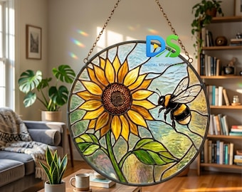Patrón de atrapasol de vitral de girasol y abeja, plantilla de atrapasol floral, atrapasol floral imprimible para hacer tú mismo, decoración de ventana con temática natural