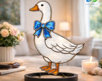 Atrapasol de vitral de ganso blanco campestre, plantilla de atrapasol de estilo rústico, bonita decoración para colgar en la ventana (PDF SVG), regalo para amantes de los animales.