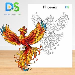 Può includere: Un'illustrazione colorata di una fenice con le ali spiegate. L'immagine presenta una versione completa e vibrante e un contorno numerato per la colorazione. La parola "Phoenix" è visualizzata in alto. Il logo Digital Studio Lane si trova negli angoli in alto a destra e a sinistra.