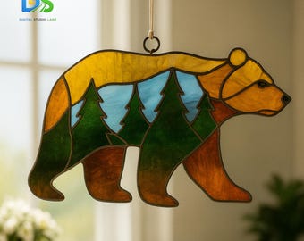 Patrón de vitral de oso, atrapasol de oso, arte mural de vidrio, atrapasol moderno, pasatiempo artístico fácil, patrones de vidrio imprimibles