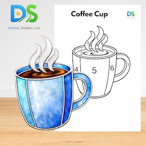 May include: A blue coffee cup with a stained glass effect, filled with coffee and steam. Next to it is a black and white line drawing of a coffee cup with the text "Coffee Cup". The logo "DS" is in the top right corner.
