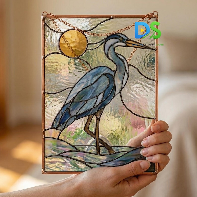 Blue Heron Stained Glass Pattern, Bird Suncatcher Template DIY, Coastal Window Panel Art, Beginner Stained Glass Project, Digital Download image 5