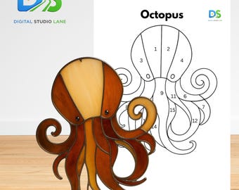 Octopus Stained Glass Pattern, Octopus Suncatcher, Sealife Stained Glass, DIY Handmade, Home Decor, Undersea Glass Wall Art, Sea Life