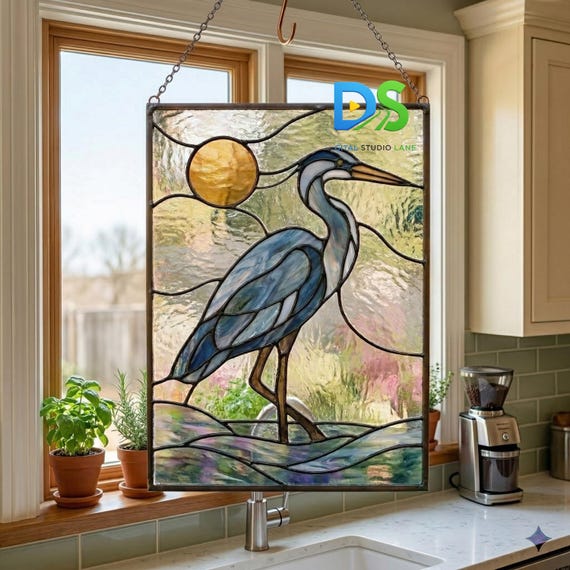 Blue Heron Stained Glass Pattern, Bird Suncatcher Template DIY, Coastal Window Panel Art, Beginner Stained Glass Project, Digital Download