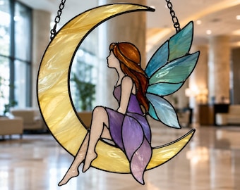 Moon Fairy Stained Glass Pattern, Fairy Suncatcher Template DIY, Fantasy Window Panel Art, Beginner Stained Glass Project, Digital Download