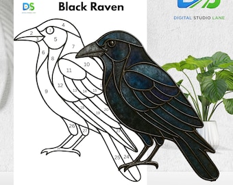 Wzór witrażu z czarnym krukiem, łapacz słońca z krukiem, nowoczesny witraż DIY, plik SVG do druku, wzór na zawieszkę okienną, gotycki wystrój domu