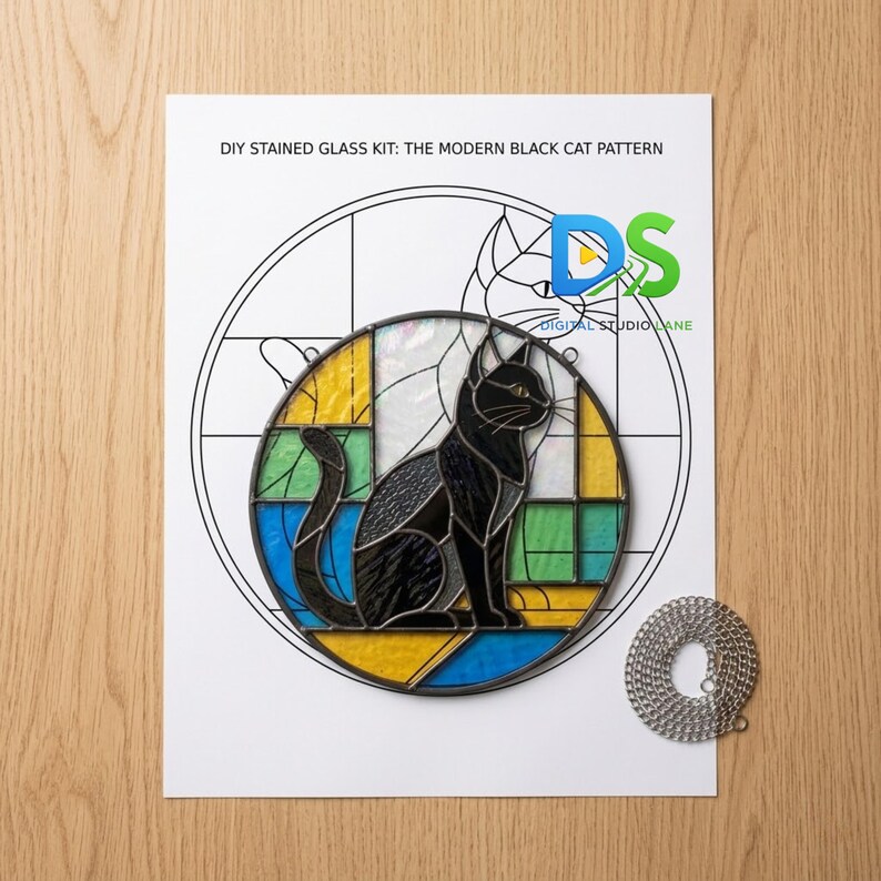Black Cat Stained Glass Pattern, Mystic Cat Suncatcher Template, Witchy ...
