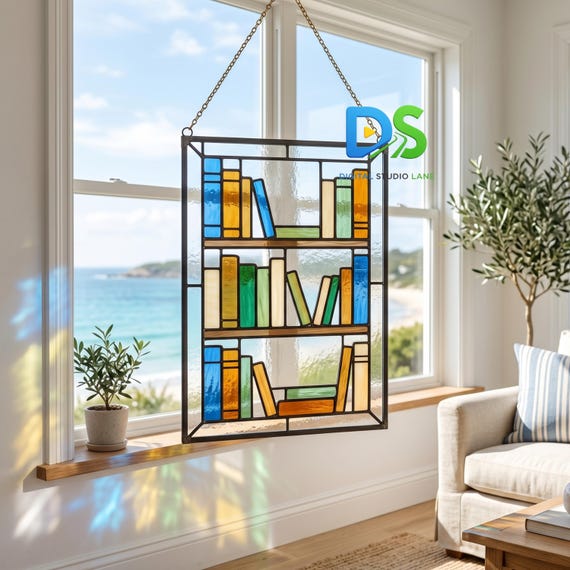 Bookshelf Stained Glass Pattern, Book Lover Suncatcher Template, Library Room Decor Art, DIY Printable Window Hanging Glass Art Design