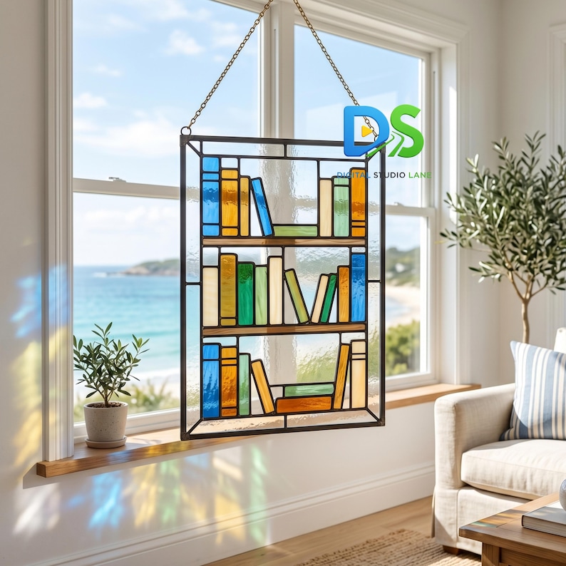 Bookshelf Stained Glass Pattern, Book Lover Suncatcher