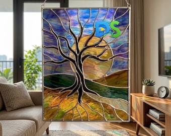 Patrón de vidriera de árbol, plantilla de atrapasoles de bosque, SVG de vidriera de naturaleza, imprimible para hacer tú mismo, decoración de naturaleza para colgar en la ventana con arte en vidrio