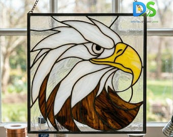 Modèle de vitrail pygargue à tête blanche, modèle attrape-soleil aigle américain, attrape-soleil oiseau des bois art du verre bricolage, vitrail pour débutant