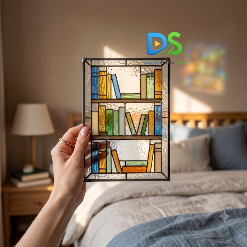 May include: A rectangular stained glass panel featuring a bookshelf design with three shelves holding various multicolored glass books. The piece is constructed with dark metal framing and textured clear glass panes between the colorful book shapes.