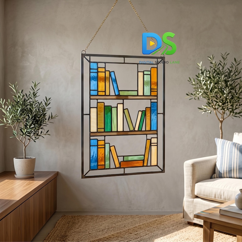 May include: A rectangular stained glass suncatcher featuring a three-shelf bookcase design with various colored glass books. The piece is suspended by a gold-toned metal chain and includes a dark metal frame outlining the shelves and books.