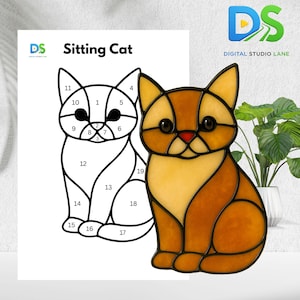 May include: A stained glass cat in shades of brown and yellow, with a red nose and black eyes. The cat is sitting, with a matching line drawing next to it. The text "Sitting Cat" is above the line drawing.