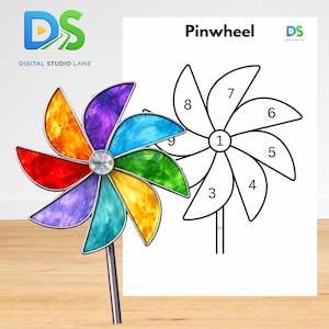 May include: A colorful pinwheel with rainbow-colored blades and a silver stem stands next to a black and white line drawing of a pinwheel labeled "Pinwheel". The pinwheel blades are red, orange, yellow, green, blue, and purple.