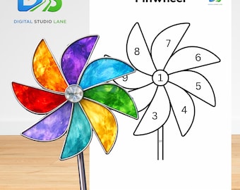 Patrón de vitral con molinete patriótico, plantilla de atrapasol con molino de viento colorido, arte de vidrio DIY para principiantes, atrapasol con molinete arcoíris
