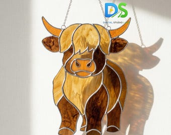 Patrón de atrapasoles de vidrieras de vaca de las Tierras Altas, plantilla de atrapasoles de animales de granja, arte en vidrio DIY para principiantes, decoración colgante para ventanas svg png pdf