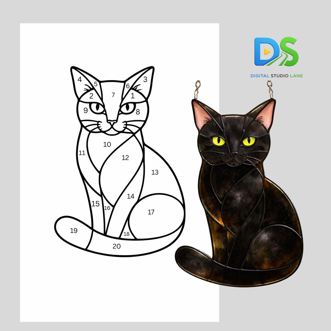 Black Tuxedo Cat Stained Glass Pattern, Cute Pet Cat Suncatcher ...